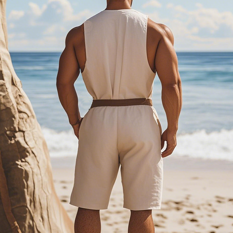 Men's Summer Fashion Casual Hawaiian Vacation Style Cotton and Linen Deep V-Neck Jumpsuit（Without belt）MTA2514D4K