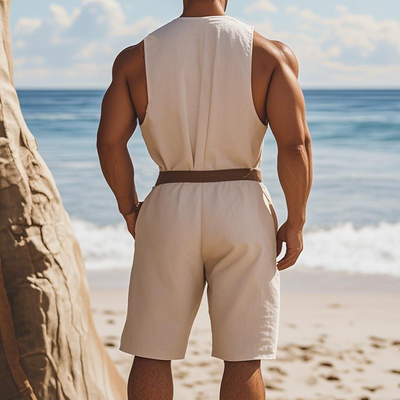 Men's Summer Fashion Casual Hawaiian Vacation Style Cotton and Linen Deep V-Neck Jumpsuit（Without belt）MTA2514D4K