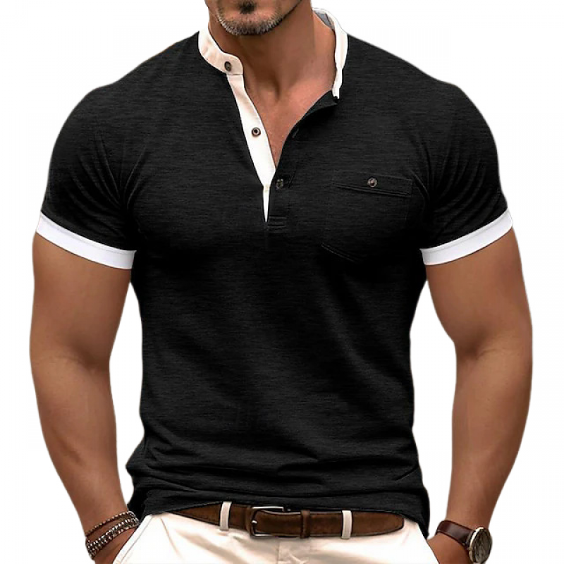 【24-hour shipping out】Men's Casual Colorblock Cotton Henley Collar Patch Pocket Slim Fit Short Sleeve T-Shirt MTA0647E5M