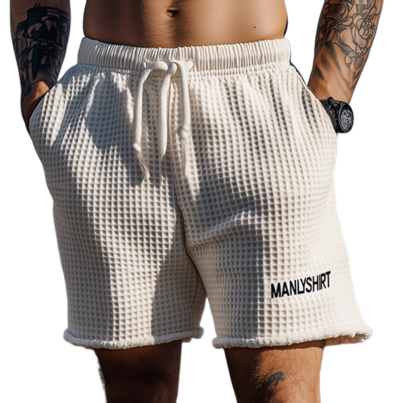 Men's Classic Casual Tough Style Waffle Letter Embroidery Elastic Waist Shorts MTA2481E8K