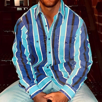 【24-hour shipping out】Men's Retro Color Block Stripe Printed Loose Long Sleeve Shirt 74916689M