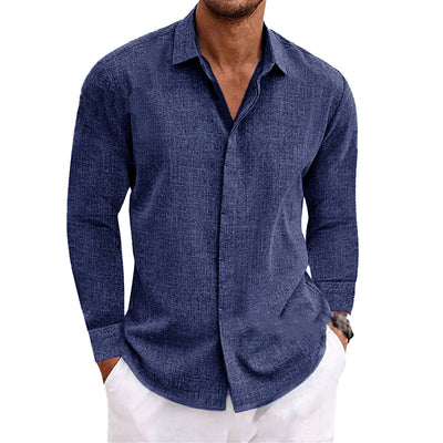 【24-hour shipping out】Men's Casual Solid Color Cotton Linen Lapel Slim Fit Long Sleeve Shirt 01703150M