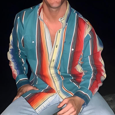 【24-hour shipping out】Men's Retro Color Block Stripe Printed Loose Long Sleeve Shirt 74916689M