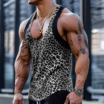 Men's Sexy U-Neck Leopard Print Cotton Blend Patchwork Tank Top 03756297M