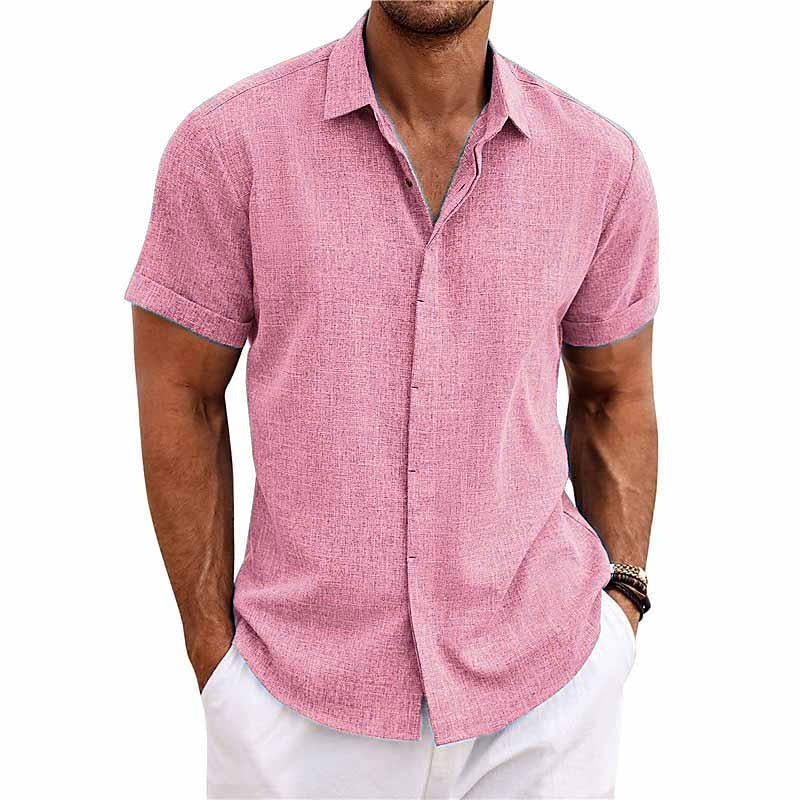 【24-hour shipping out】Men's Solid Color Lapel Cotton Linen Short Sleeve Shirt 82339241X