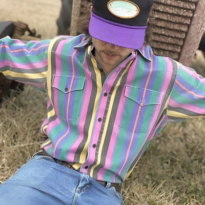 【24-hour shipping out】Men's Retro Color Block Stripe Printed Loose Long Sleeve Shirt 74916689M