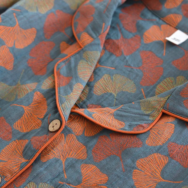 Livia - Ginkgo Leaf Button Cotton Loungewear Set