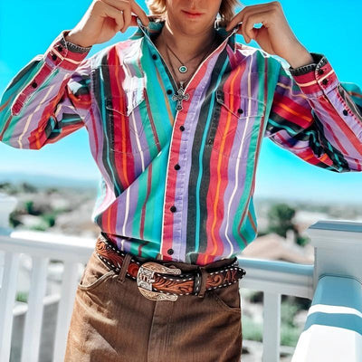 【24-hour shipping out】Men's Retro Color Block Stripe Printed Loose Long Sleeve Shirt 74916689M