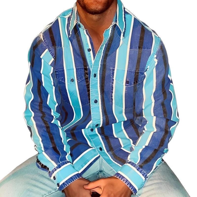 【24-hour shipping out】Men's Retro Color Block Stripe Printed Loose Long Sleeve Shirt 74916689M