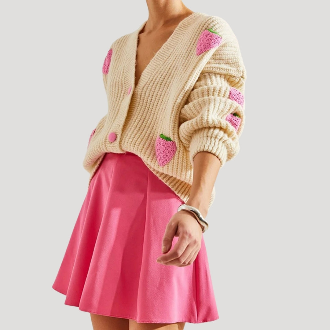 Edith - Chunky knit strawberry button up cardigan