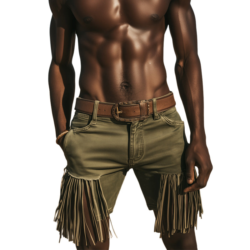 Men's Western Cowboy Style Denim Fringe Shorts MTA1216E4U