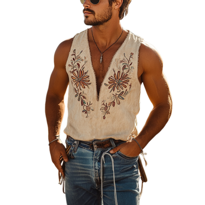 【24-hour shipping out】Men's Retro Western Cowboy Tassel Stitching Denim Long Sleeve Shirt 10742814U
