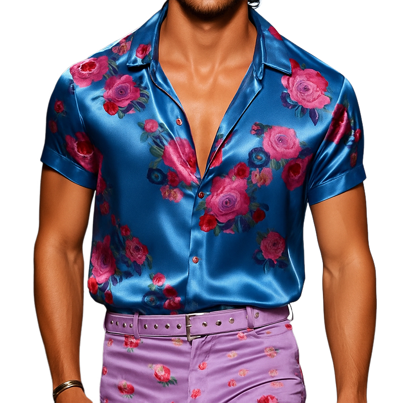 Men's Retro Casual Floral Print Satin Lapel Short Sleeve Shirt MTA2080E8TO