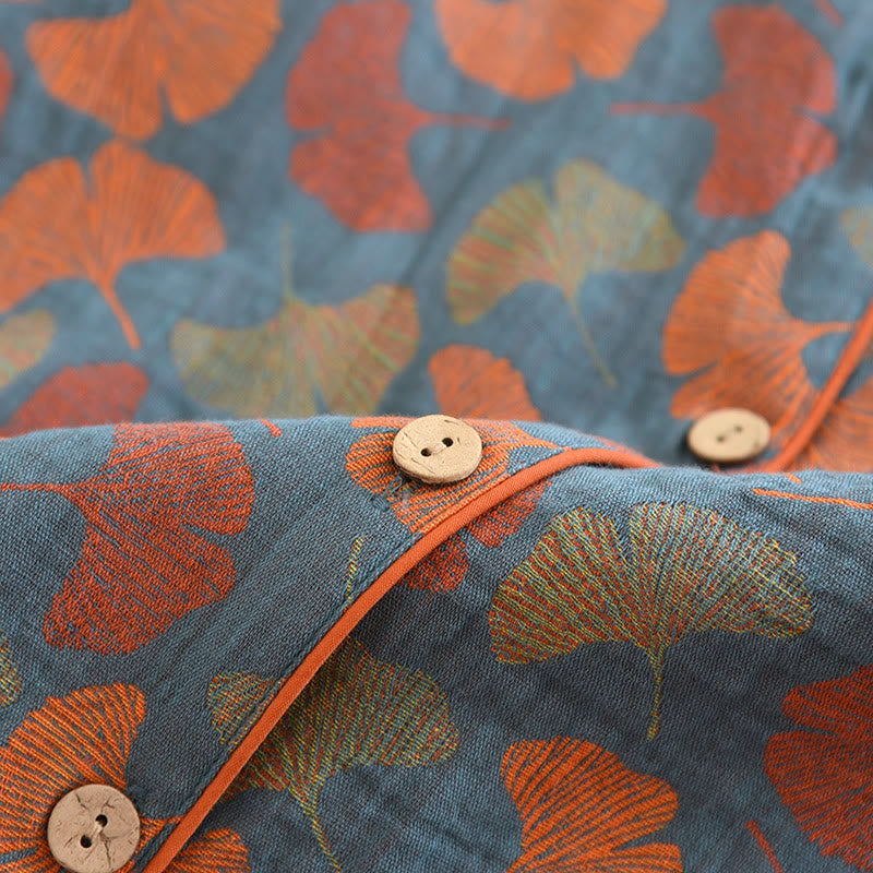 Livia - Ginkgo Leaf Button Cotton Loungewear Set