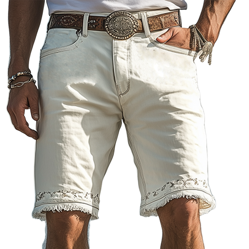 Men's Spring And Summer Fashion Western Tough Style Washed Denim Embroidery Raw Edge Casual Shorts MTA1696E7K