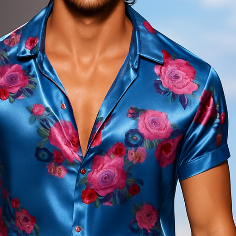 Men's Retro Casual Floral Print Satin Lapel Short Sleeve Shirt MTA2080E8TO
