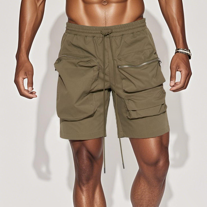 Men's Fashion Solid Color Elastic Waist Zipper Pocket Cargo Shorts MTA2296E4Z