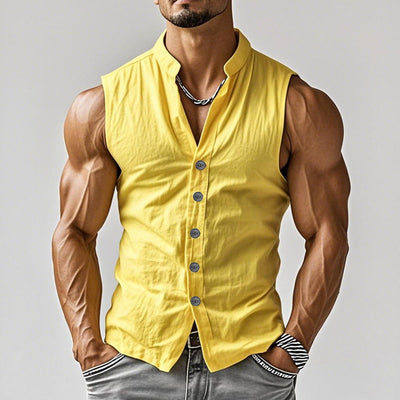 【24-hour shipping out】Men's Casual Comfort Cotton Stand Collar Single Breasted Sleeveless Shirt MTA0203D3M