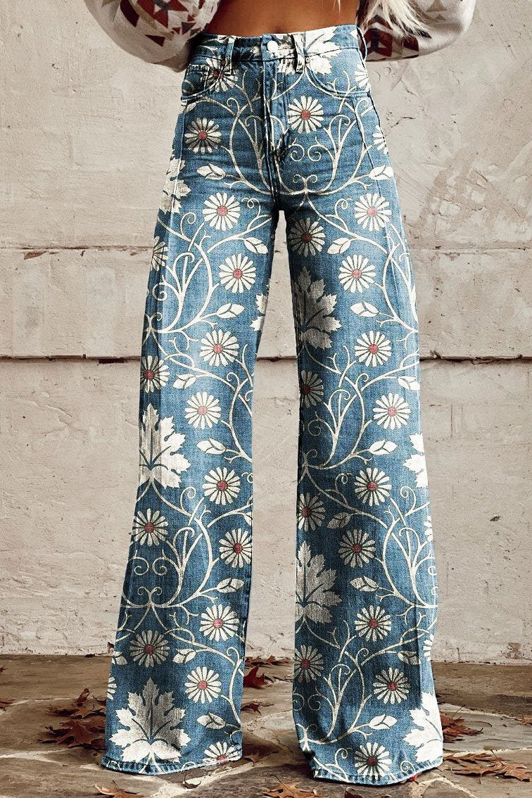 Élodie | Vintage Wide Leg Pants with Daisy Print