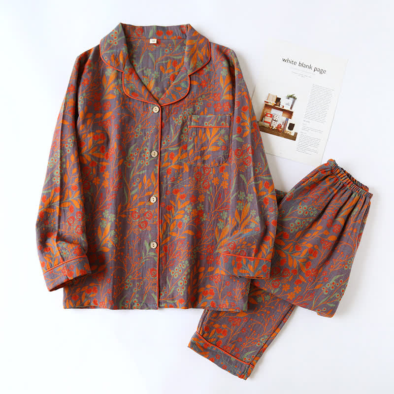 Maisie - Vintage Leaf Cotton Lapel Loungewear Set