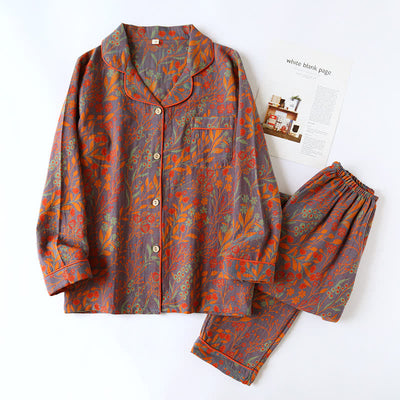 Maisie - Vintage Leaf Cotton Lapel Loungewear Set