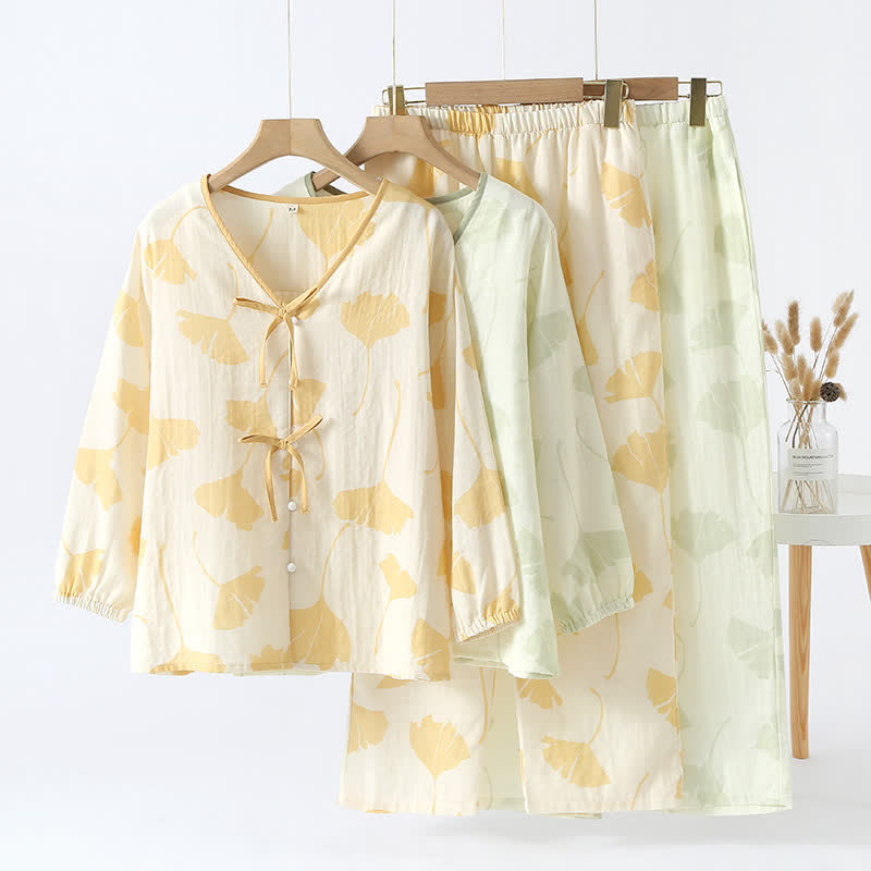 Davina - Ginkgo Leaf Bowknot Cotton Loungewear Set