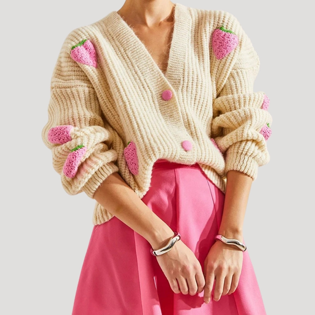 Edith - Chunky knit strawberry button up cardigan