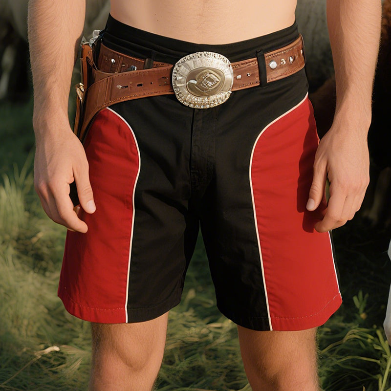 Men'S Retro Casual Western Cowboy Style Colorblock Cotton Shorts MTA1014E8TO