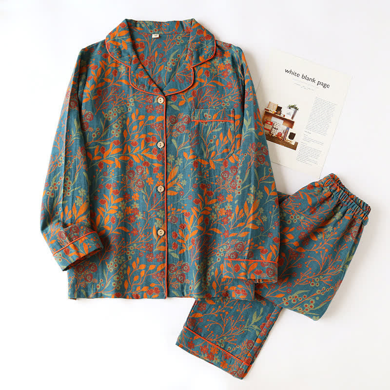 Maisie - Vintage Leaf Cotton Lapel Loungewear Set