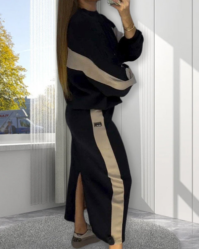 VERINA - Colour Block Long Sleeve Top & Slit Skirt Set