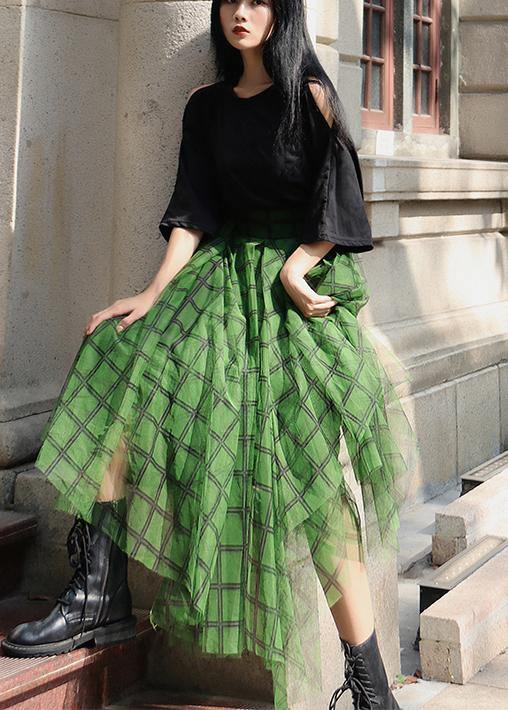 Adele - Boho Green Plaid tulle asymmetrical design Skirt
