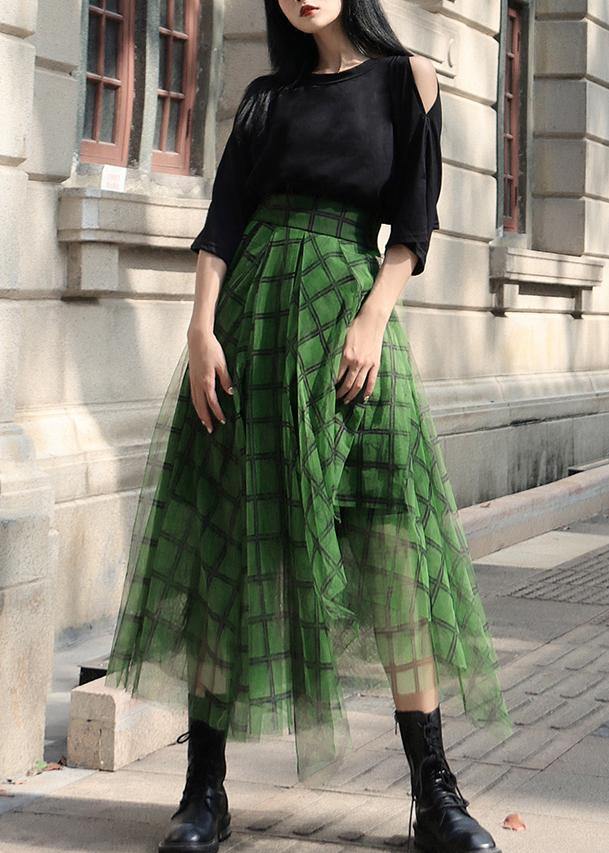 Adele - Boho Green Plaid tulle asymmetrical design Skirt