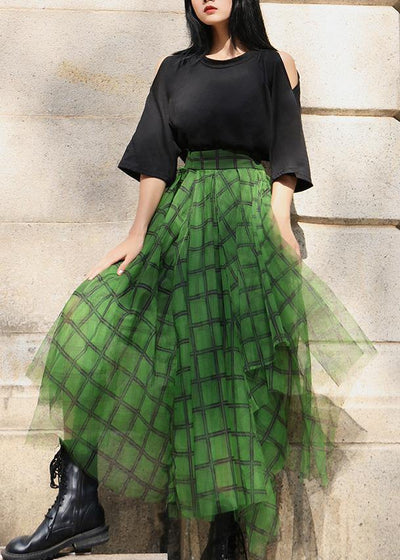 Adele - Boho Green Plaid tulle asymmetrical design Skirt