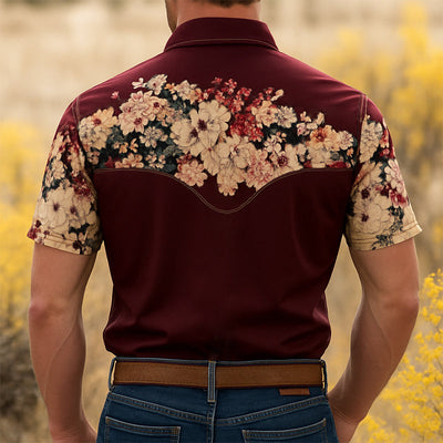 Men's Retro Western Cowboy Style Floral Print Lapel Short Sleeve Shirt MTA0664E4TO