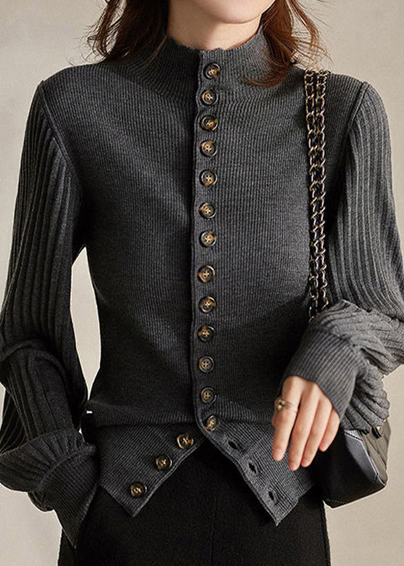 Gemma - Elegant Stand Collar Button Knit Top Lantern Sleeve