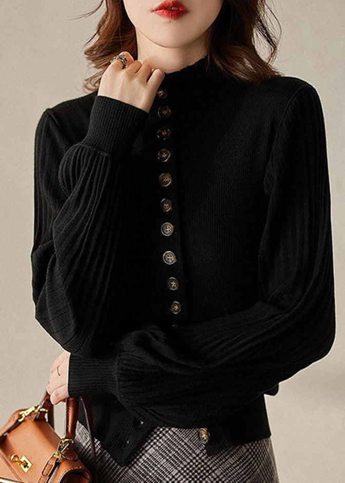 Gemma - Elegant Stand Collar Button Knit Top Lantern Sleeve