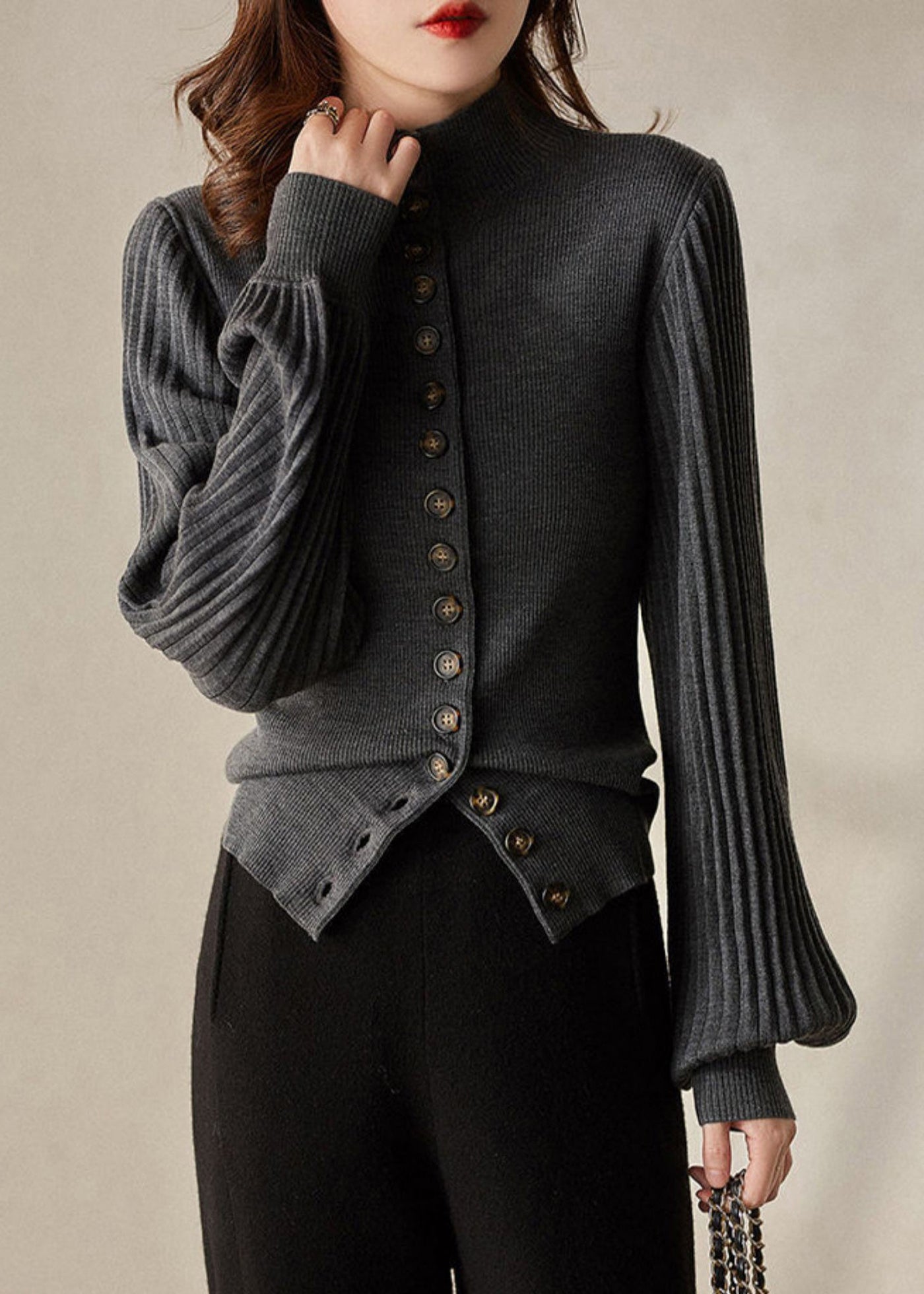 Gemma - Elegant Stand Collar Button Knit Top Lantern Sleeve