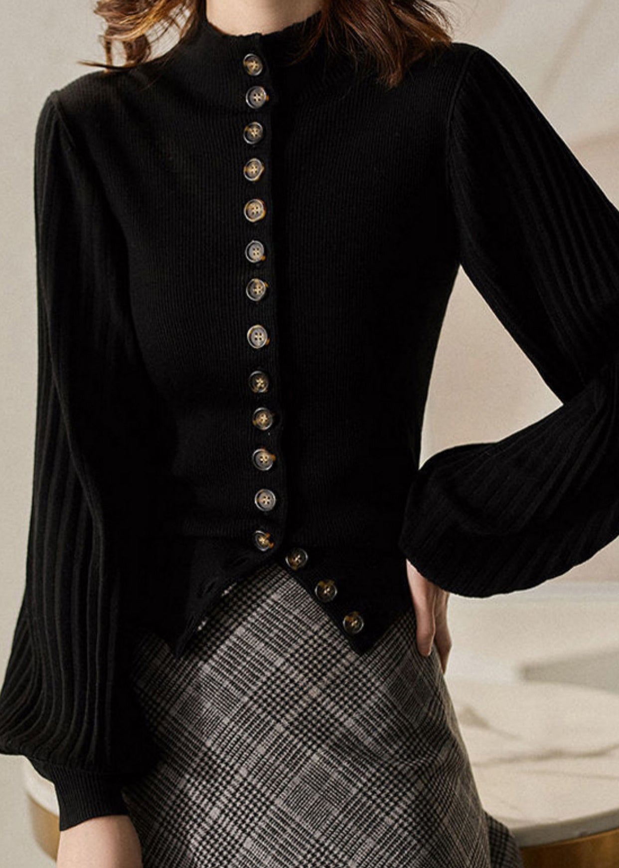 Gemma - Elegant Stand Collar Button Knit Top Lantern Sleeve