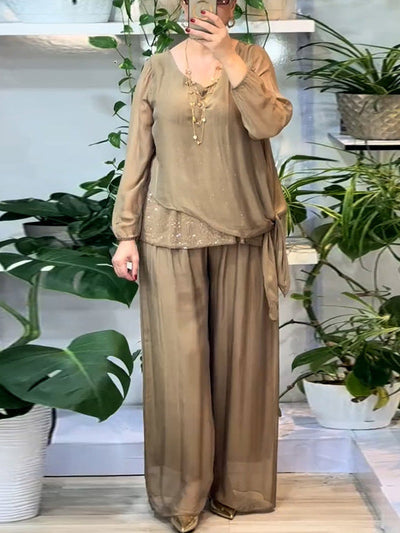 Orania - Sequin Blouse and Wide-Leg Pants Set