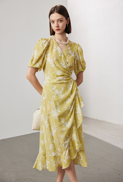 Silk Floral Midi Wrap Dress