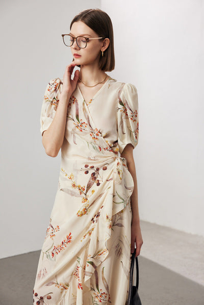 Silk Floral Midi Wrap Dress