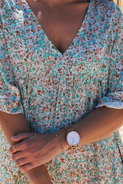 Robe longue fluide col V manches courtes imprime liberty turquoise