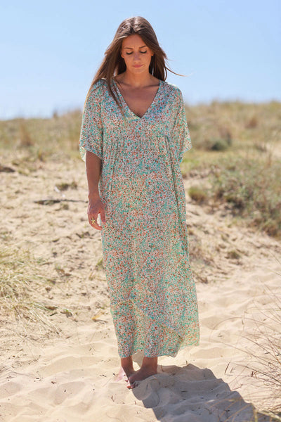 Robe longue fluide col V manches courtes imprime liberty turquoise