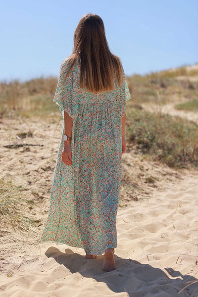 Robe longue fluide col V manches courtes imprime liberty turquoise