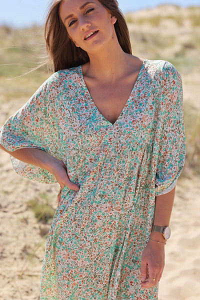 Robe longue fluide col V manches courtes imprime liberty turquoise