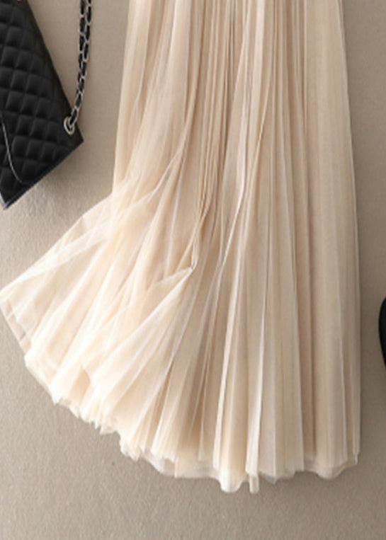 Melina - Style Apricot wrinkled Patchwork Tulle pleated skirt Spring
