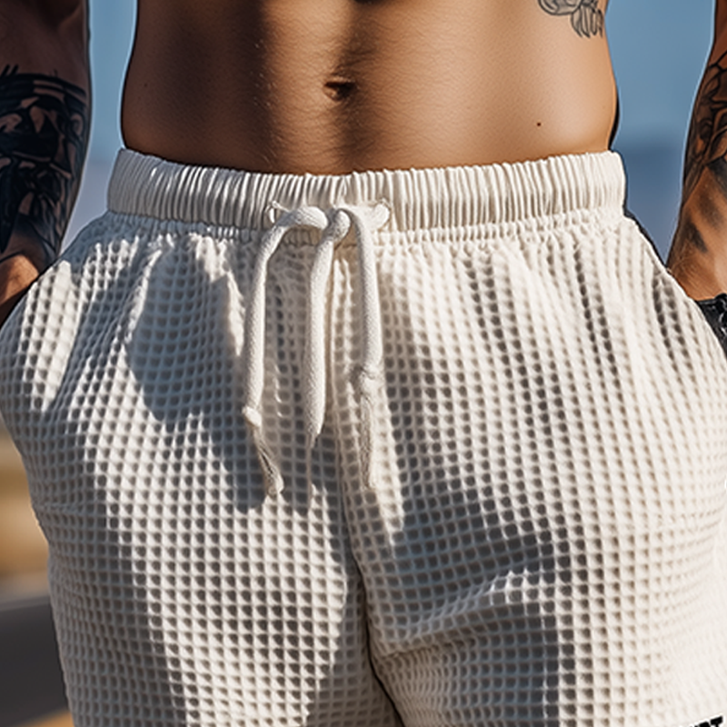 Men's Classic Casual Tough Style Waffle Letter Embroidery Elastic Waist Shorts MTA2481E8K