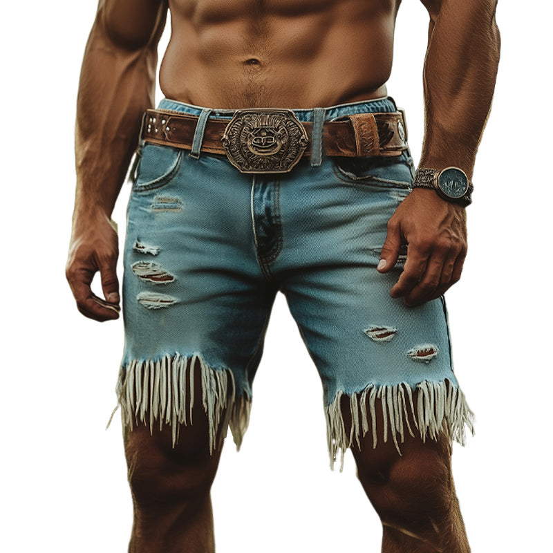 Men's Western Cowboy Style Ripped Tassel Denim Shorts MTA1247E2U