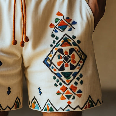 Men's Summer Cotton And Linen Retro Geometric Embroidery Shorts MTA0918E5U