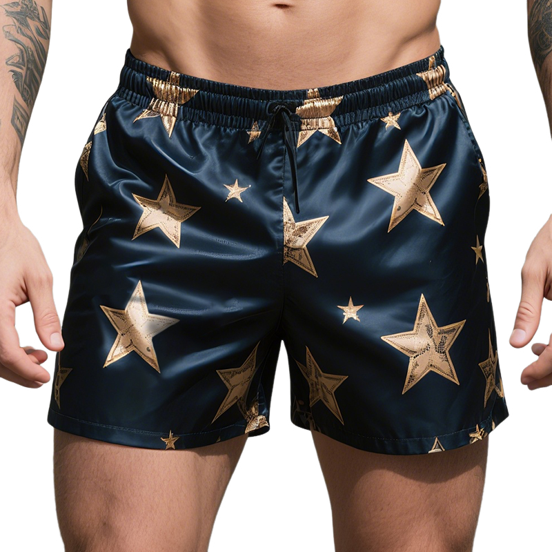 Men's Retro Star Colorblock Casual Print Satin Drawstring Shorts MTA1679E1TO